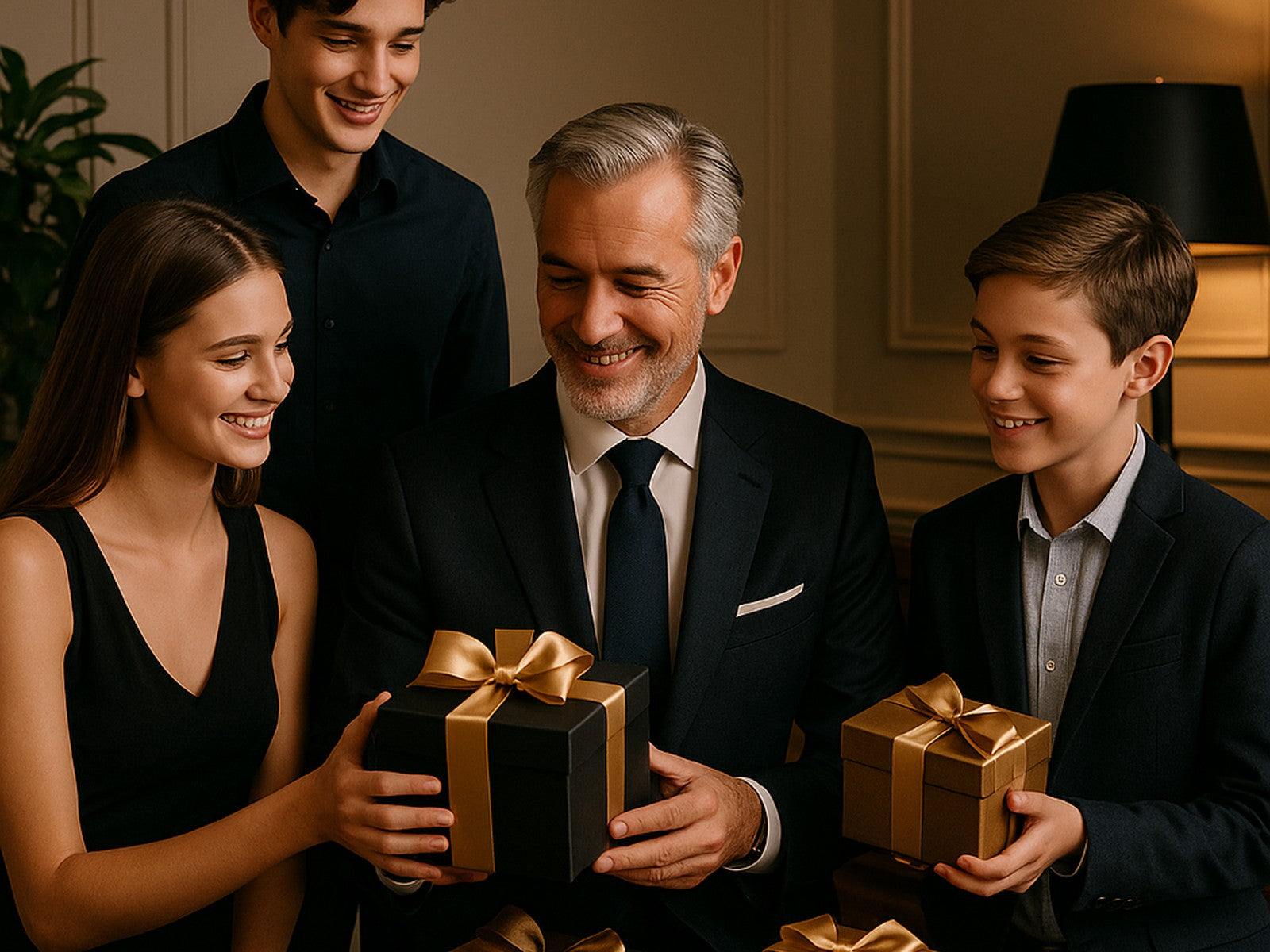 Tată elegant în costum primind cadouri de la copiii săi îmbrăcați rafinat, într-un decor premium cu lumină caldă