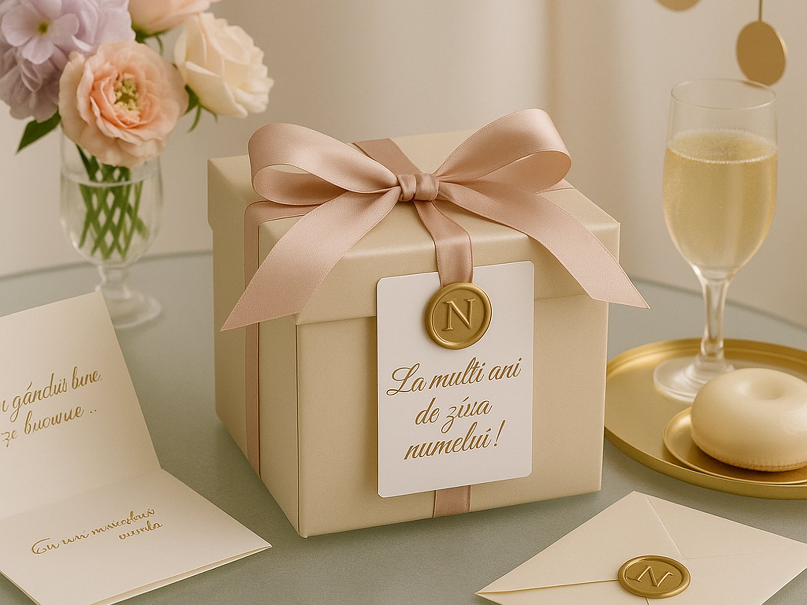Cutie cadou champagne cu panglică roze-bej și etichetă „La mulți ani de ziua numelui!” pe masă de sticlă, cu elemente aurii și flori pastel.
