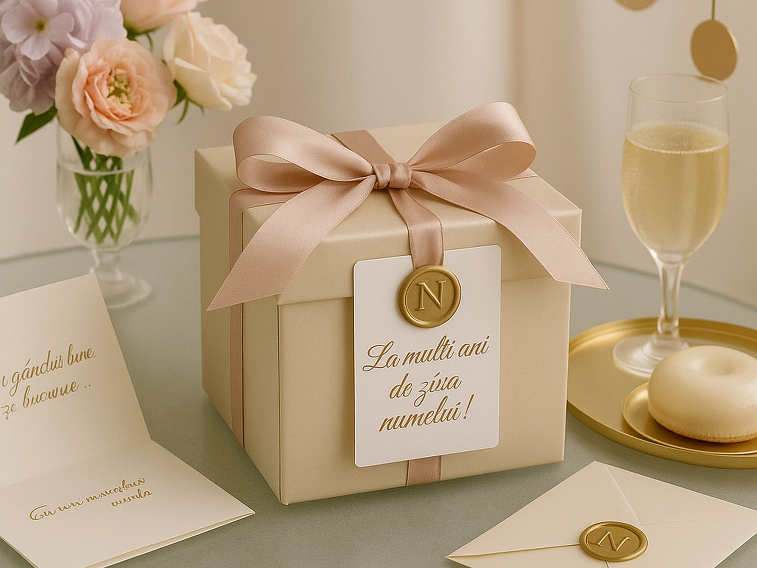 Cutie cadou champagne cu panglică roze-bej și etichetă „La mulți ani de ziua numelui!” pe masă de sticlă, cu elemente aurii și flori pastel.
