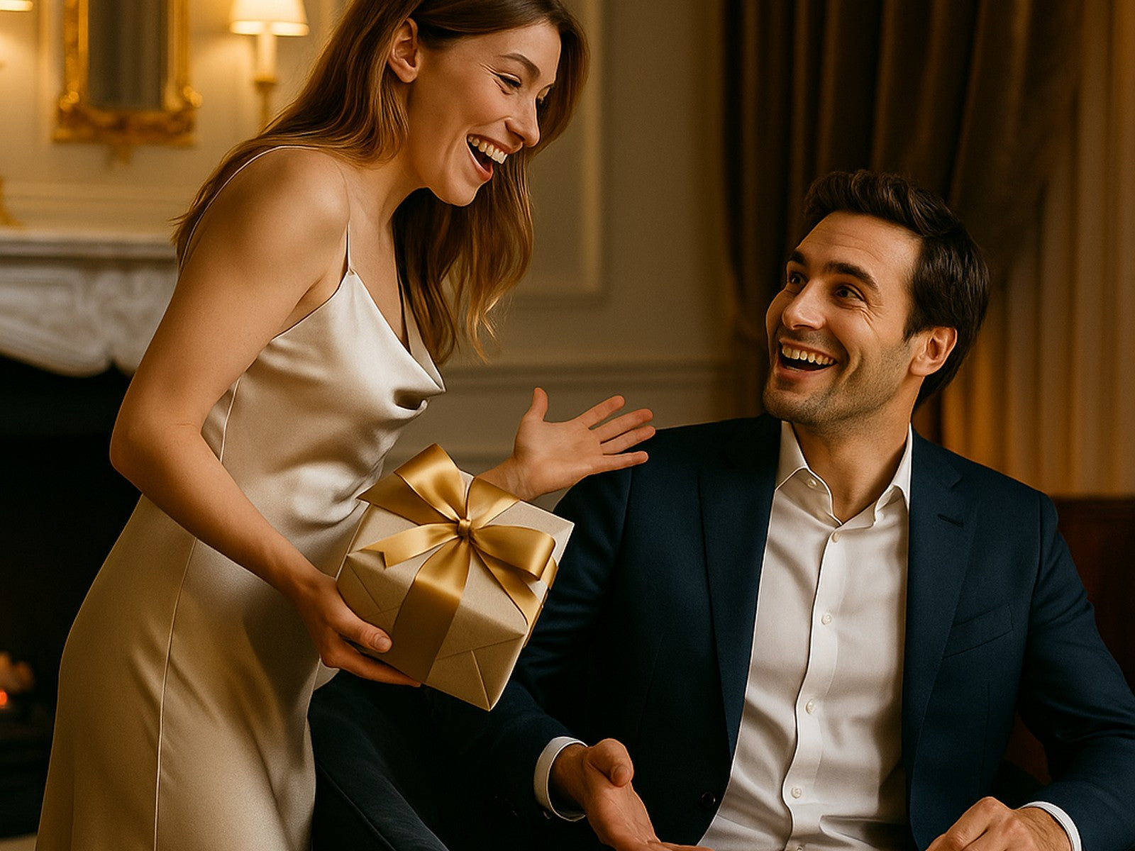 Iubită de 30 de ani surprinzându-și partenerul printr-o gestă spontană cu cadou premium în living elegant – cadouri pentru iubit