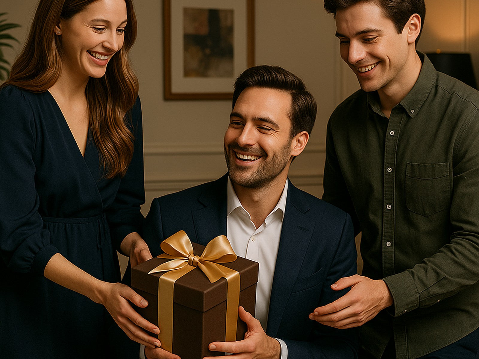 Frate mai mic, îmbrăcat smart-casual, oferindu-i un cadou premium fratelui mai mare într-un living elegant și cald – cadouri pentru frate