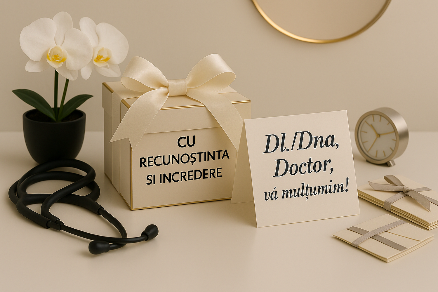 Cutie albă cu text CU RECUNOSTINTA SI INCREDERE lângă stetoscop și felicitare Dl./Dna. Doctor, vă multumim!