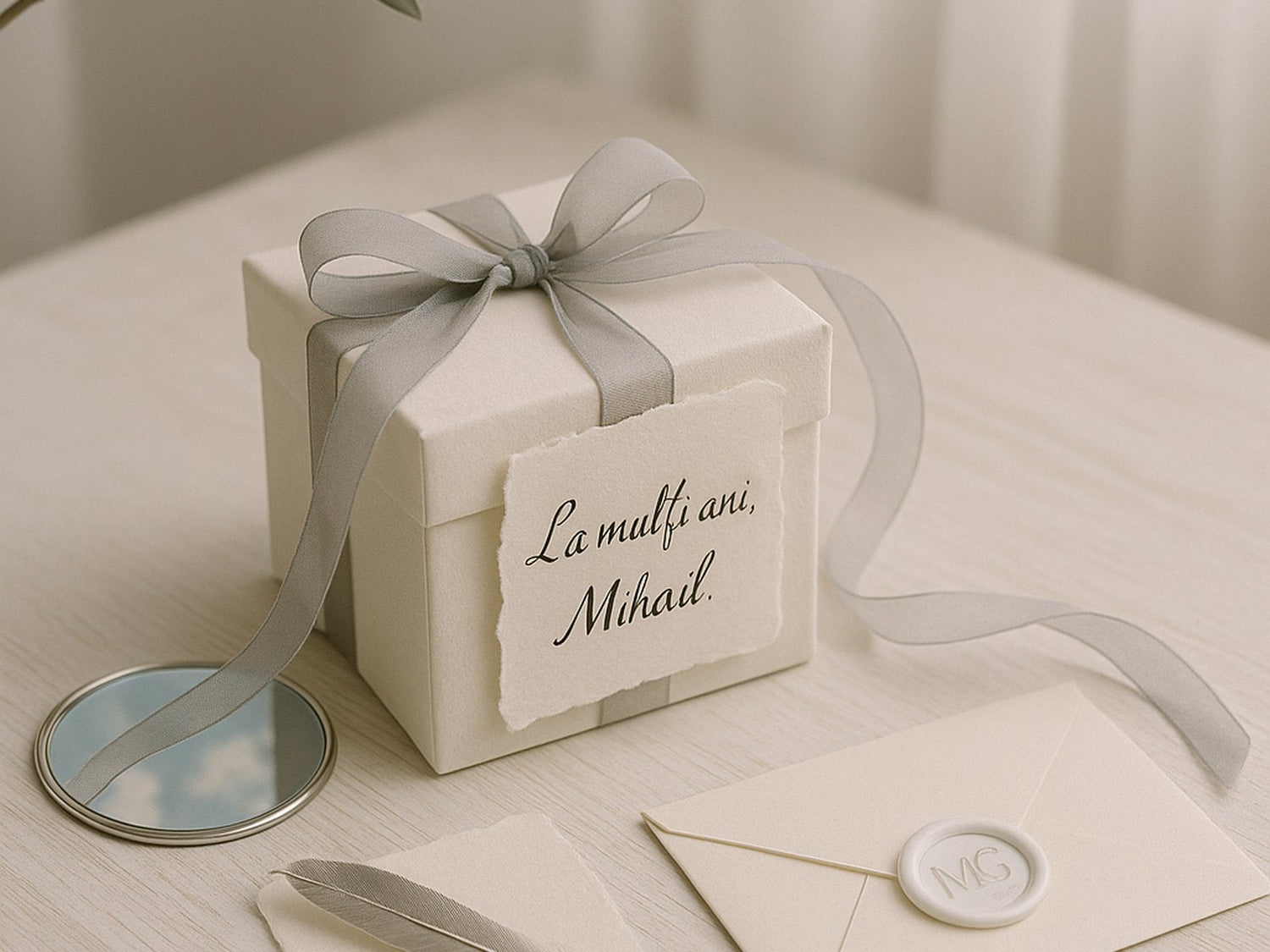 Cutie cadou albă cu panglică gri sidefiu și etichetă „La mulți ani, Mihail.” în decor artistic cu oglindă, pană argintie și ramură de măslin.