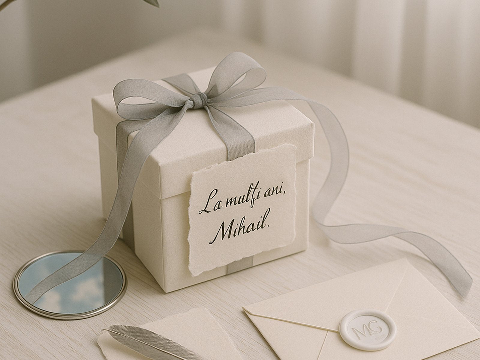 Cutie cadou albă cu panglică gri sidefiu și etichetă „La mulți ani, Mihail.” în decor artistic cu oglindă, pană argintie și ramură de măslin.