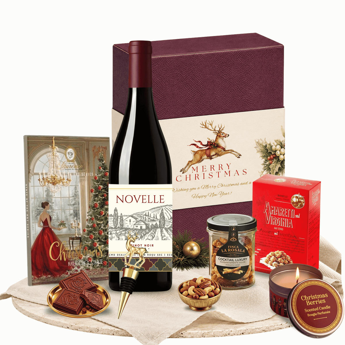 Cutie cadou A Festive Toast cu vin roșu Novelle și ciocolată Laurence Christmas
