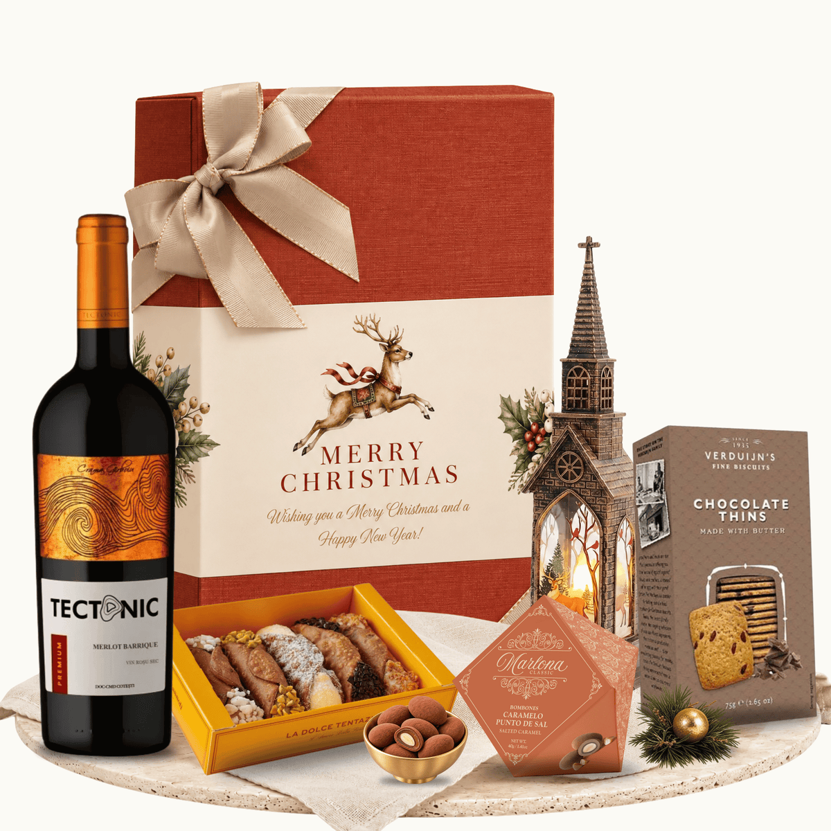 Cutie cadou A Fine Choice cu vin roșu Tectonic Merlot și cannoli Only Cannoli
