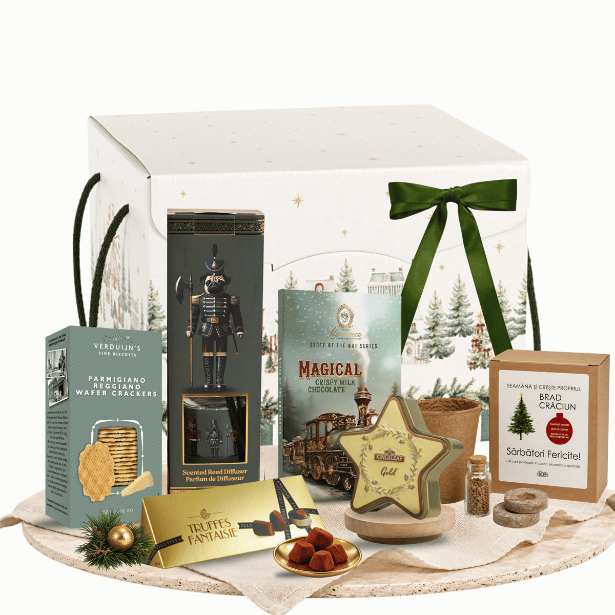 Cutie cadou A Gift That Grows cu ceai Kingsleaf Starlight Gold și ciocolată Laurence Xmas Magical