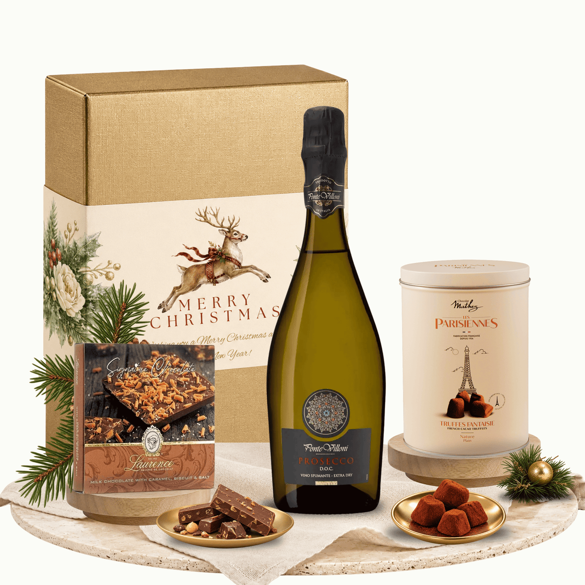 Cutie cadou A Little Sparkle cu prosecco Ponte Villoni și ciocolată Laurence cu caramel și sare