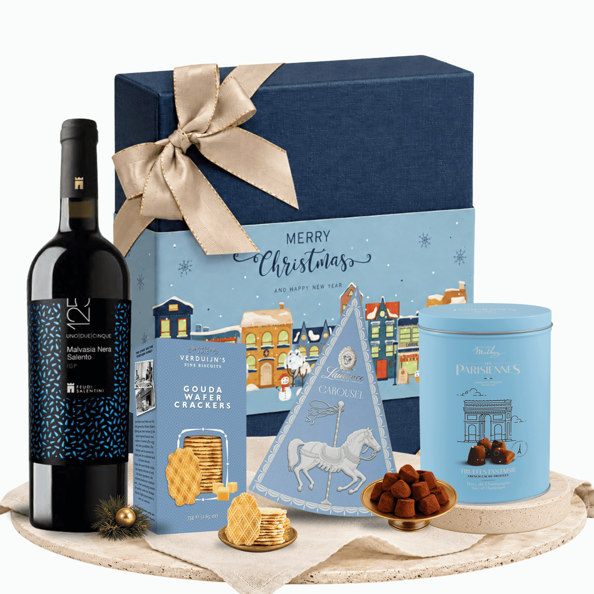 Cutie cadou Best in Blue cu vin roșu Feudi Salentini Malvasia și Laurence Choco-Pizza