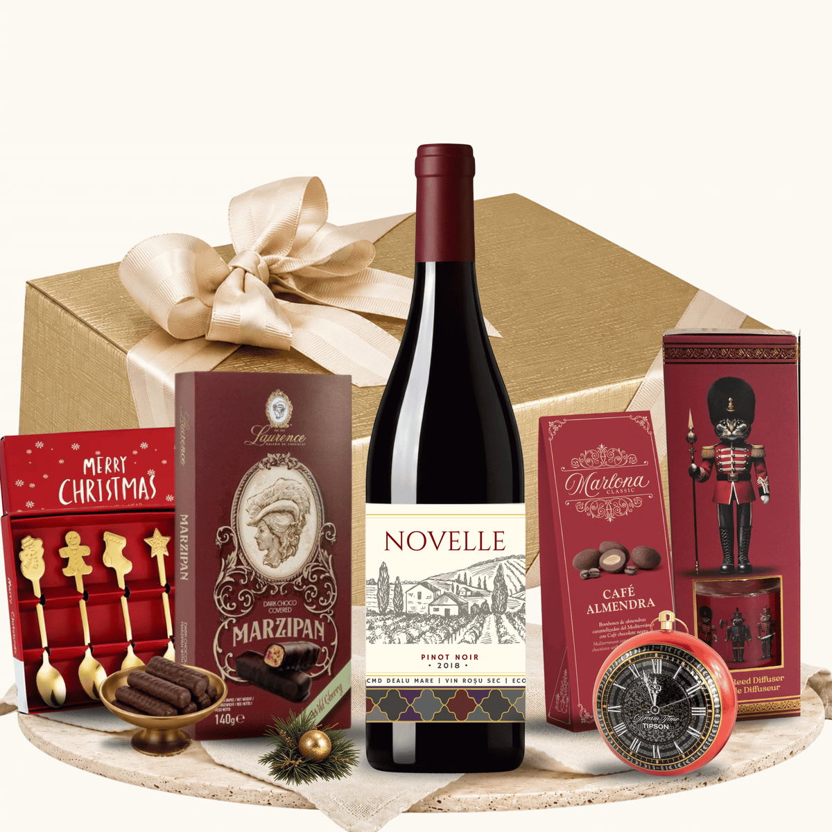Cutie cadou Burgundy Noël cu vin roșu Novelle și ceai Kingsleaf Clock Tea