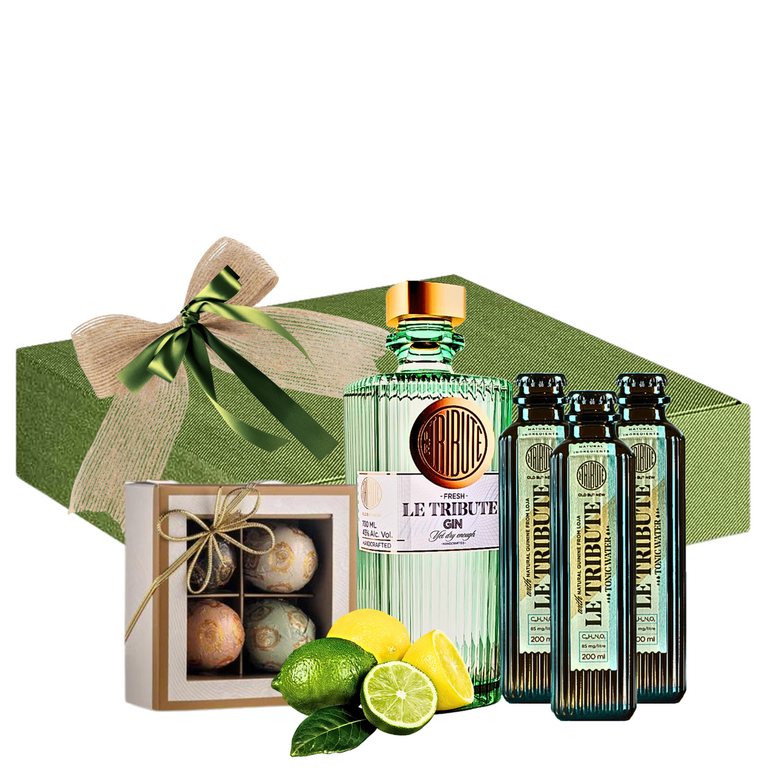 Set Green Elegance Gin cu Le Tribute, tonic Amalfi și praline, ambalaj verde elegant
