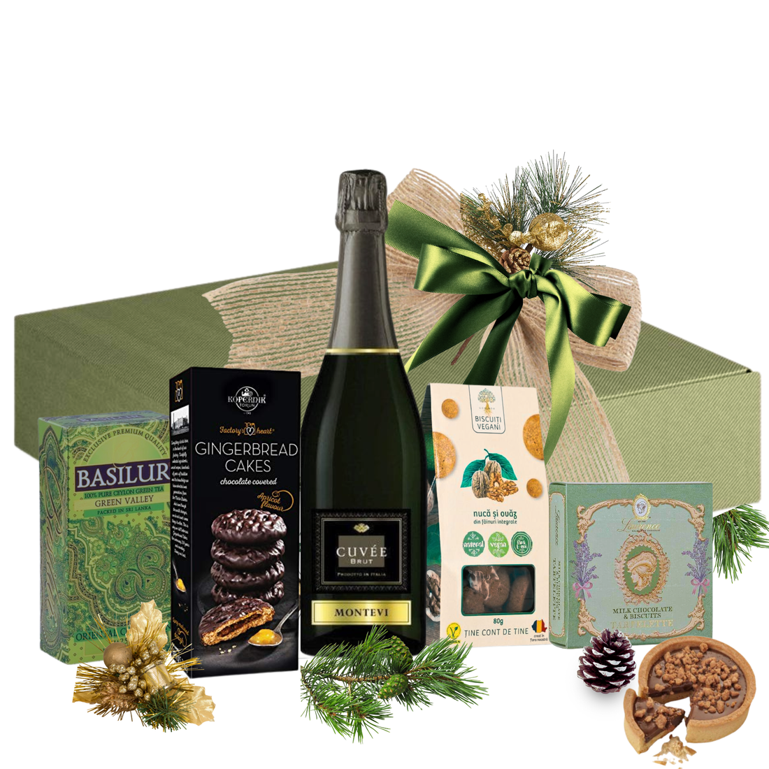 Cadou Crăciun Evergreen Sparkle cu spumant Montevi, tarte cu ciocolată, trufe și ceai verde, în cutie festivă