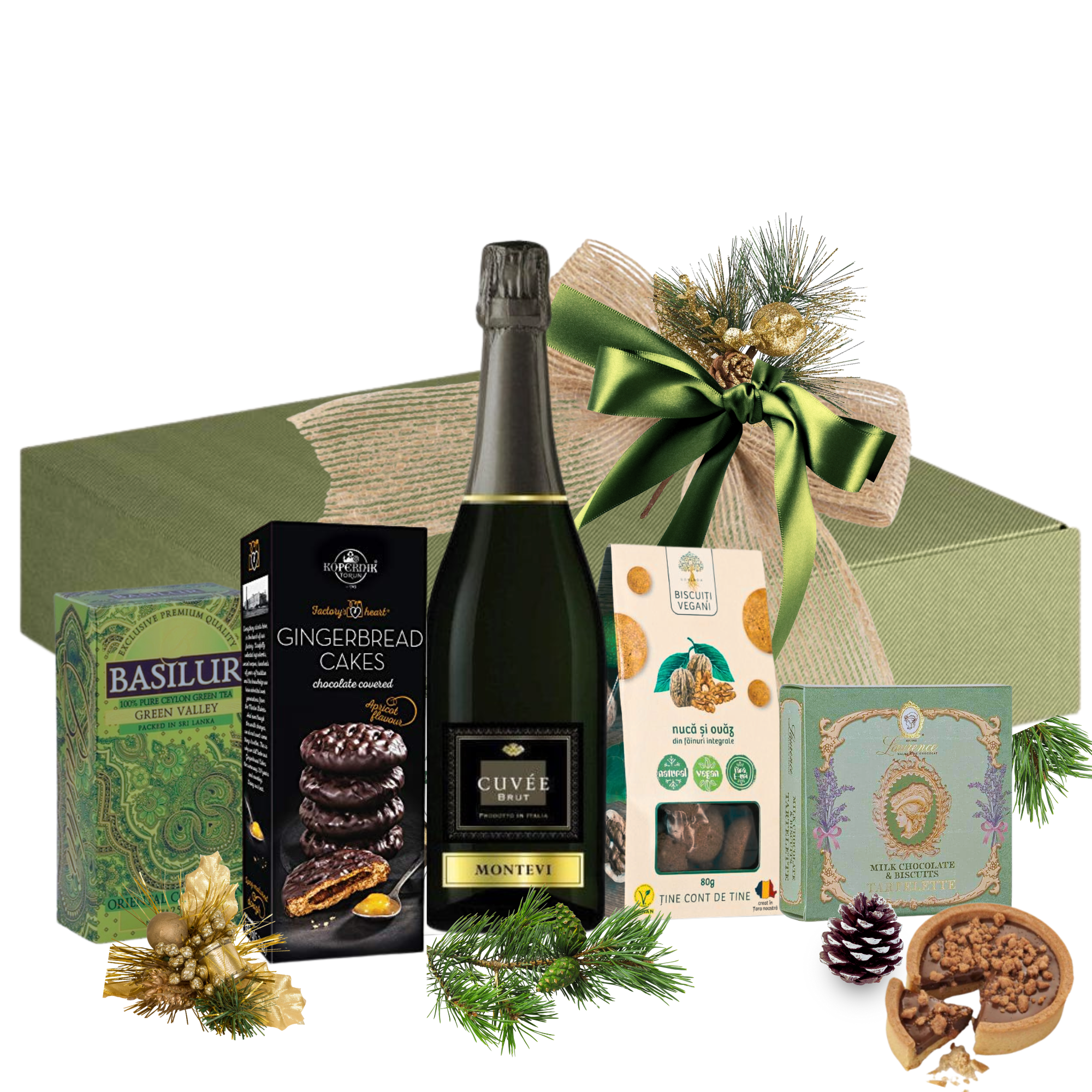 Cadou Crăciun Evergreen Sparkle cu spumant Montevi, tarte cu ciocolată, trufe și ceai verde, în cutie festivă