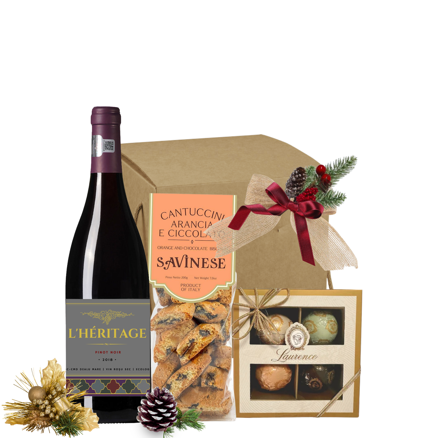 Cos cadou Craciun pentru partenerei ce contine vin rosu si ciocolata