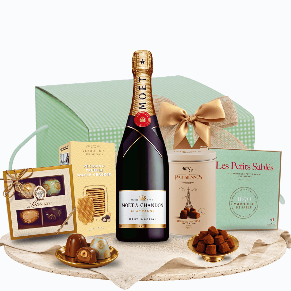Cutie cadou Champagne Moments cu Moët &amp; Chandon și praline rotunde Laurence