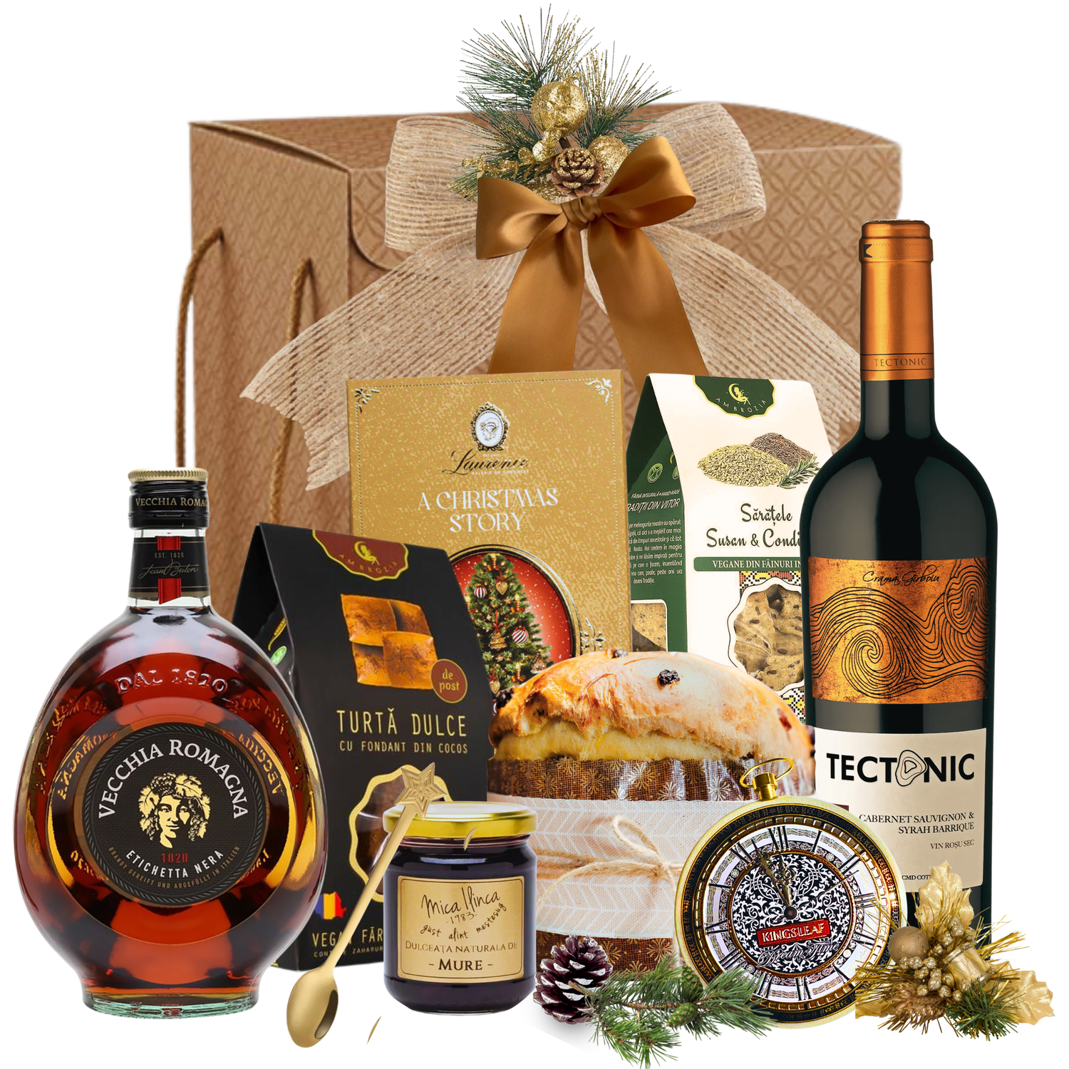 Cos cadou Crăciun Royal Brandy cu Vecchia Romagna, vin barrique, panettone și dulciuri, în cutie festivă
