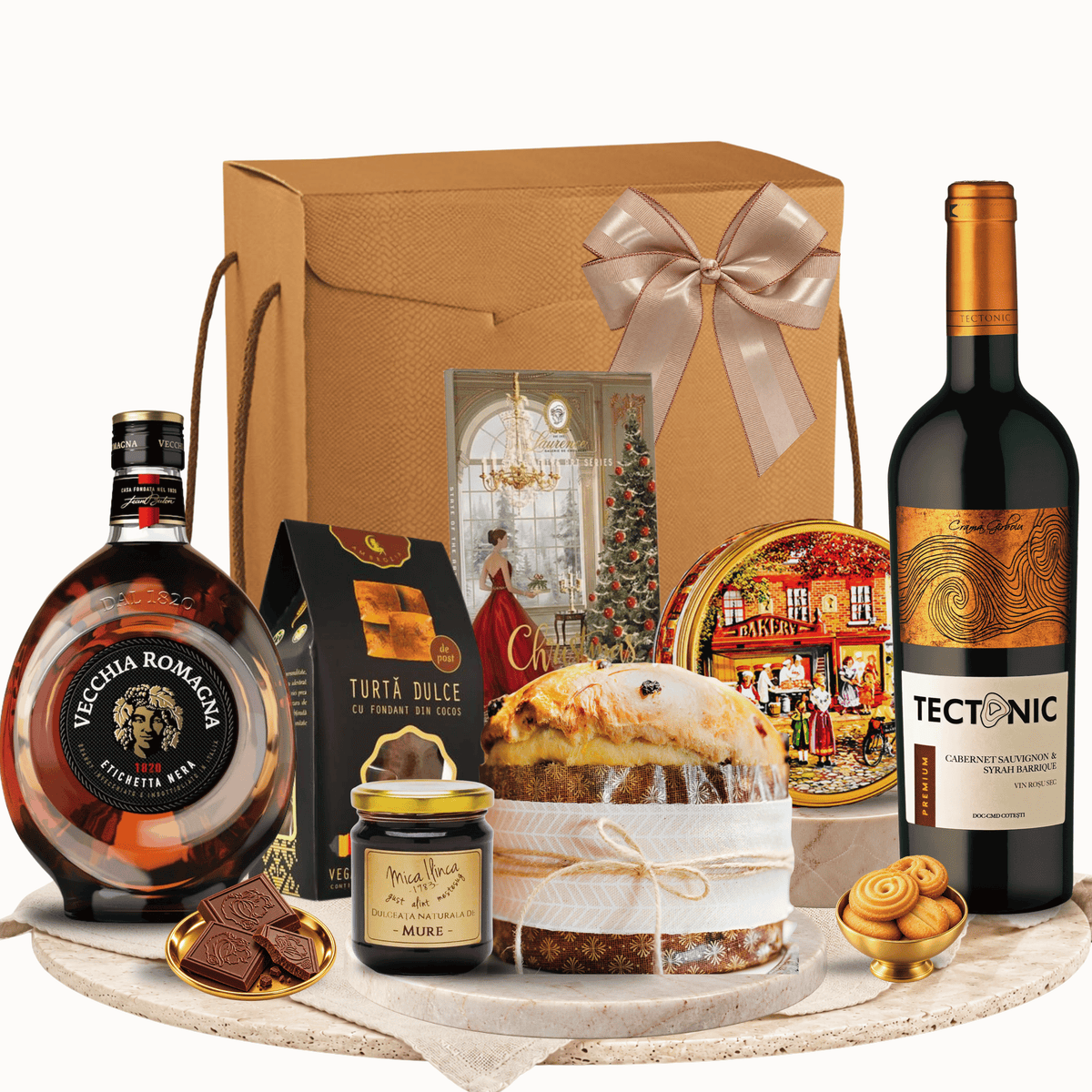 Cutie cadou Double the Cheers cu brandy Vecchia Romagna și vin roșu Tectonic Cabernet &amp; Syrah