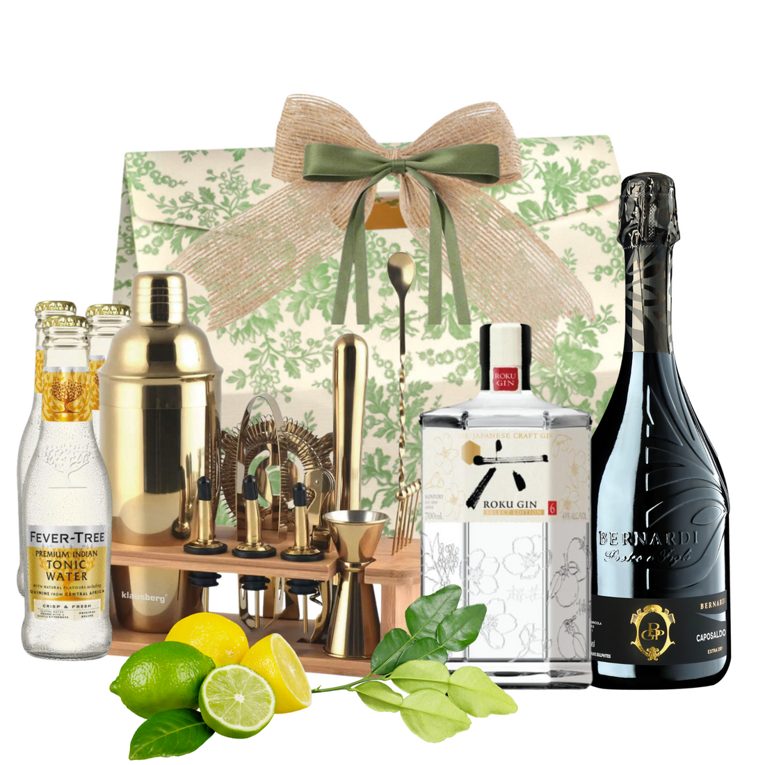 Set cadou Elegance & Mixology cu prosecco, gin Roku și kit bar auriu