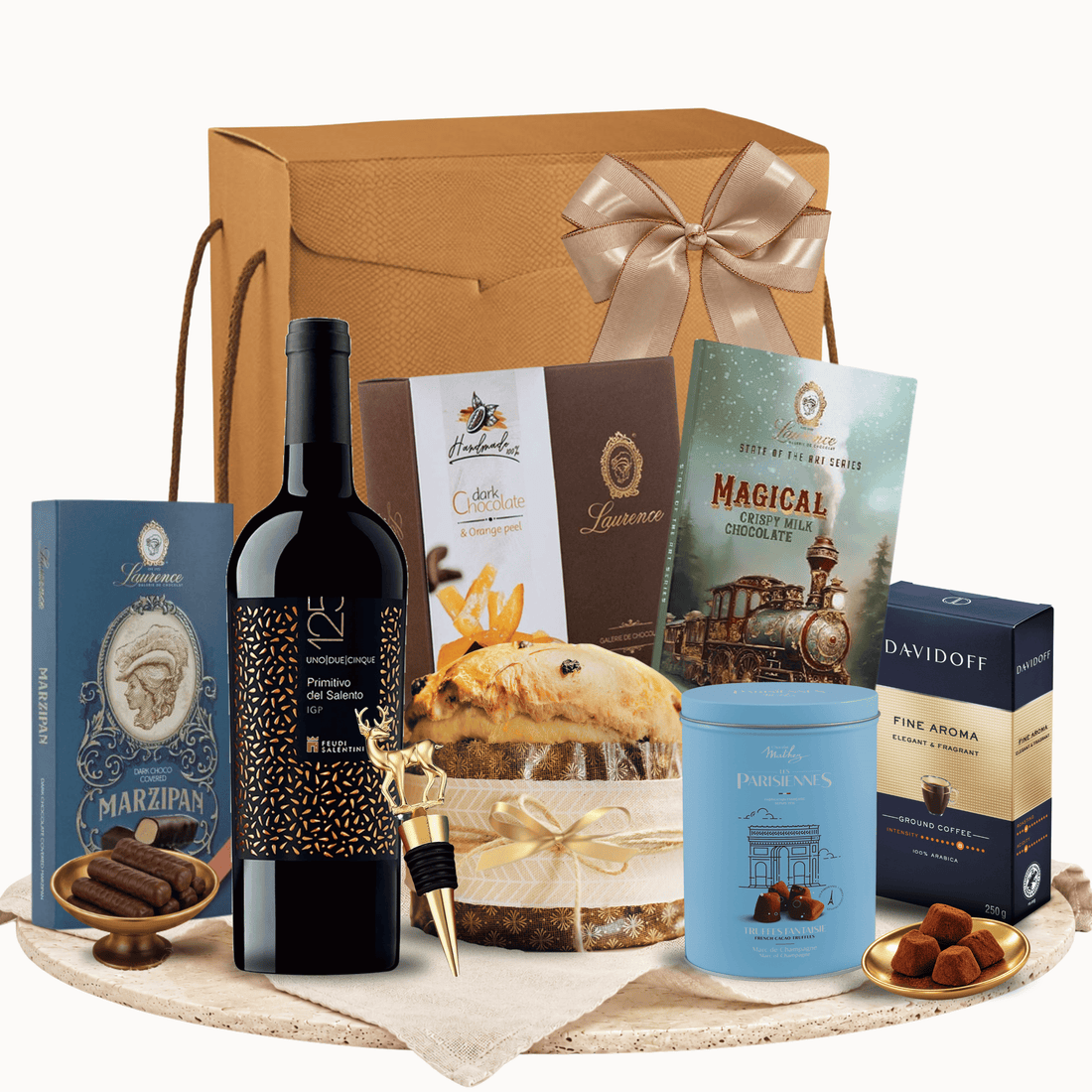 Pachet cadou Crăciun Good Taste cu vin Feudi Salentini Primitivo și cafea Davidoff