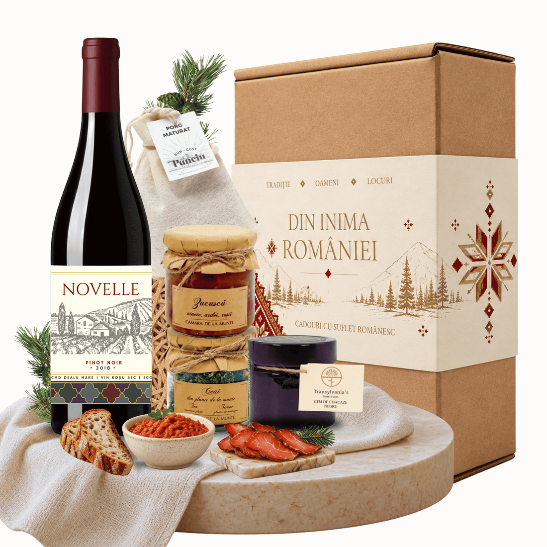 Cadou tradițional românesc de Crăciun Gusturi de Acasă cu vin roșu și produse locale