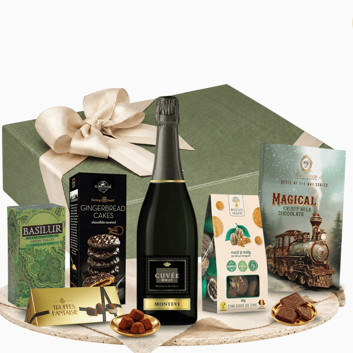 Cutie cadou Partner Appreciation cu vin spumant Montevi și ceai verde Basilur Green Valley