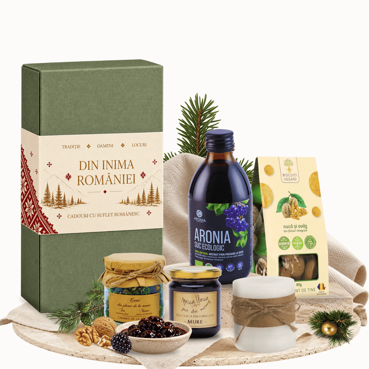 Cutie cadou Rădăcini Românești cu suc de aronia Charlottenburg și ceai din plante de munte