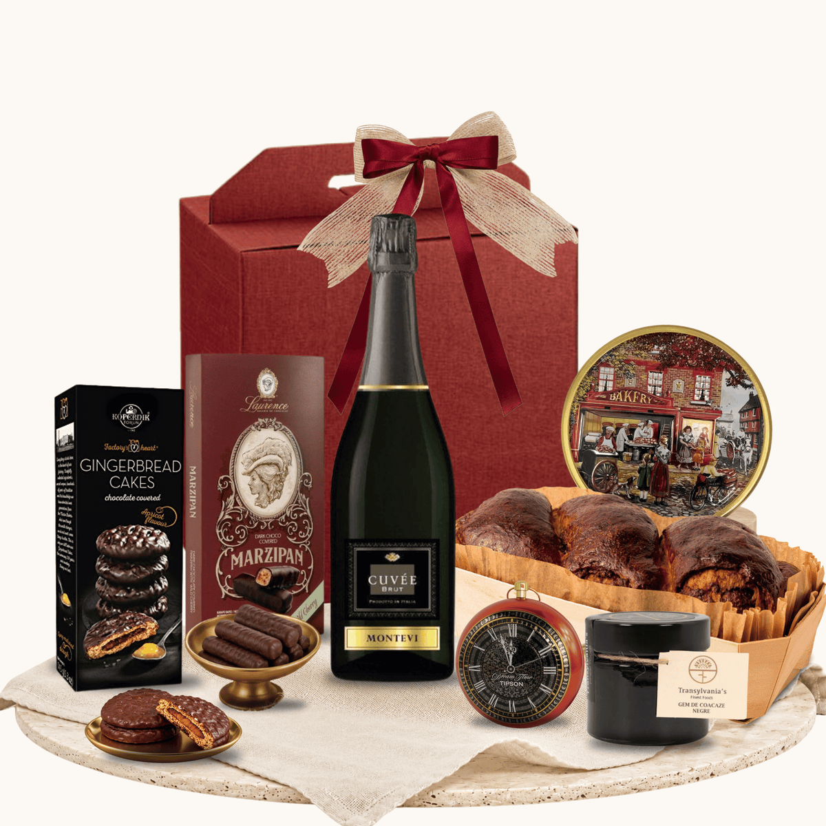 Cutie cadou Ruby Velvet cu vin spumant Montevi și ceai Kingsleaf Clock Tea