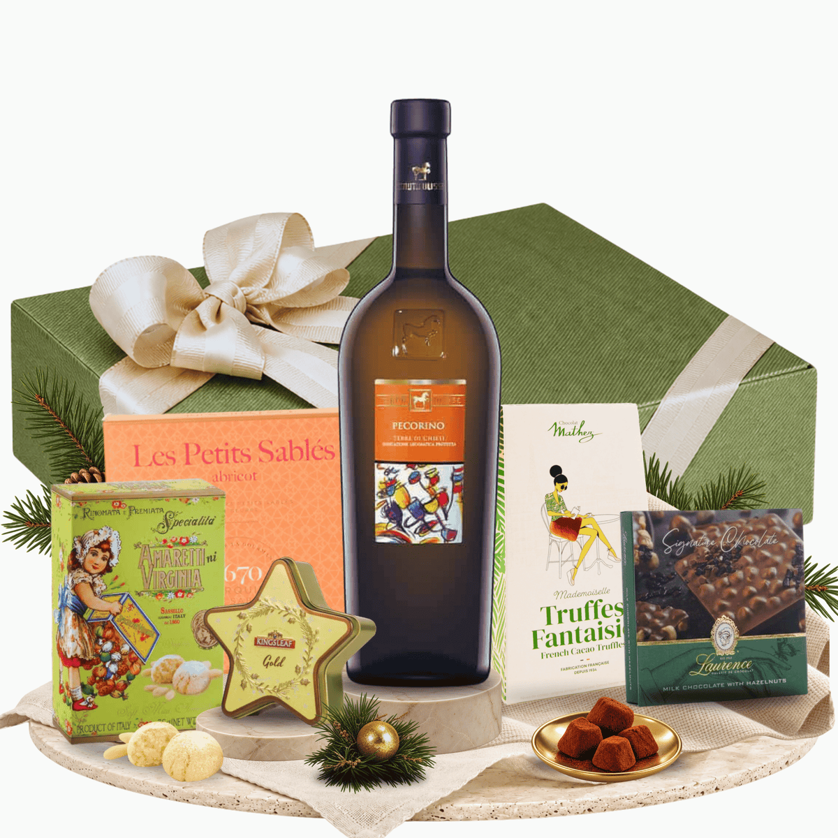 Cutie cadou The Gourmet Edit cu vin alb Tenuta Ulisse Pecorino și biscuiți Sablés La Sablésienne
