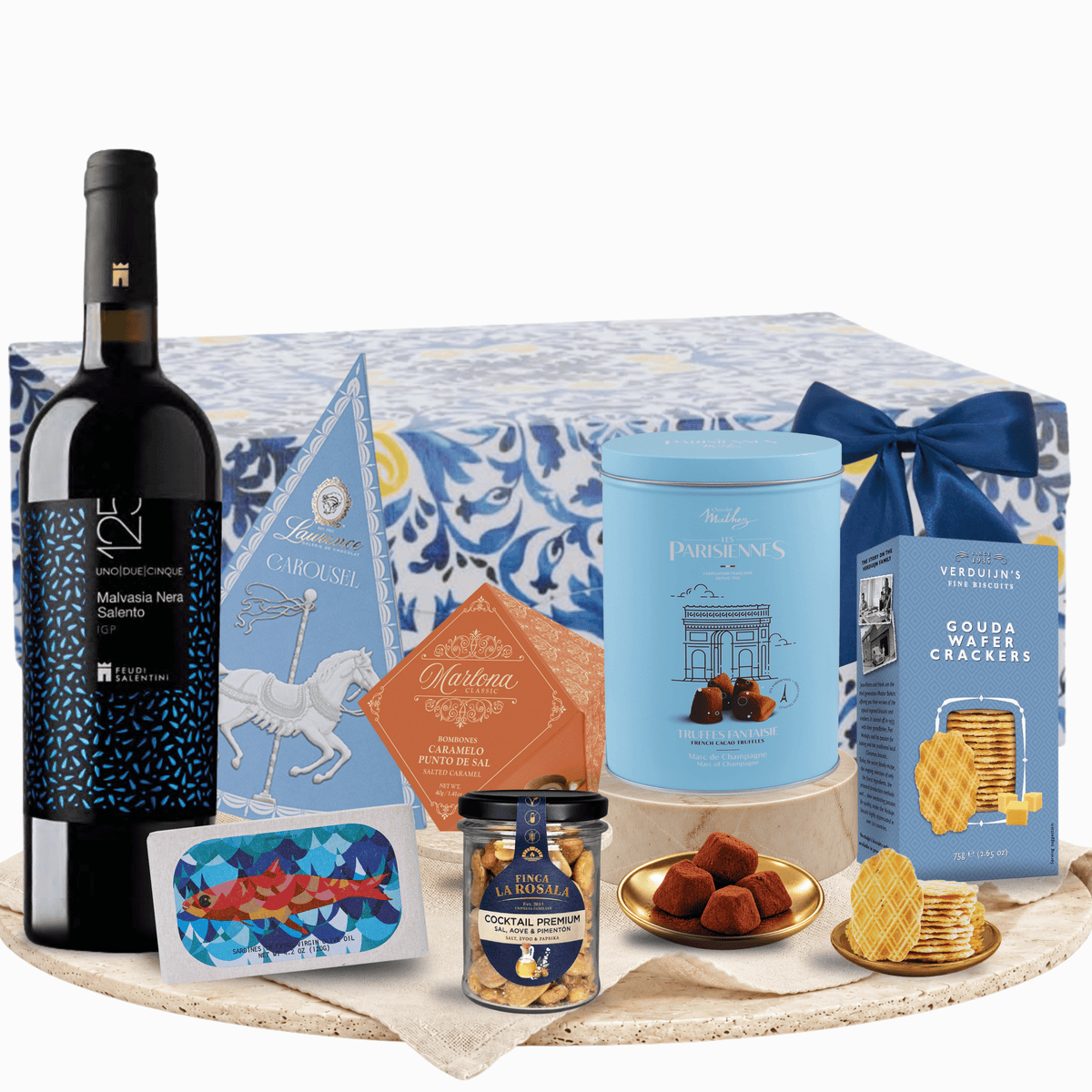 Cutie cadou When It Has to Impress cu vin roșu Feudi Salentini Malvasia și Laurence Choco-Pizza