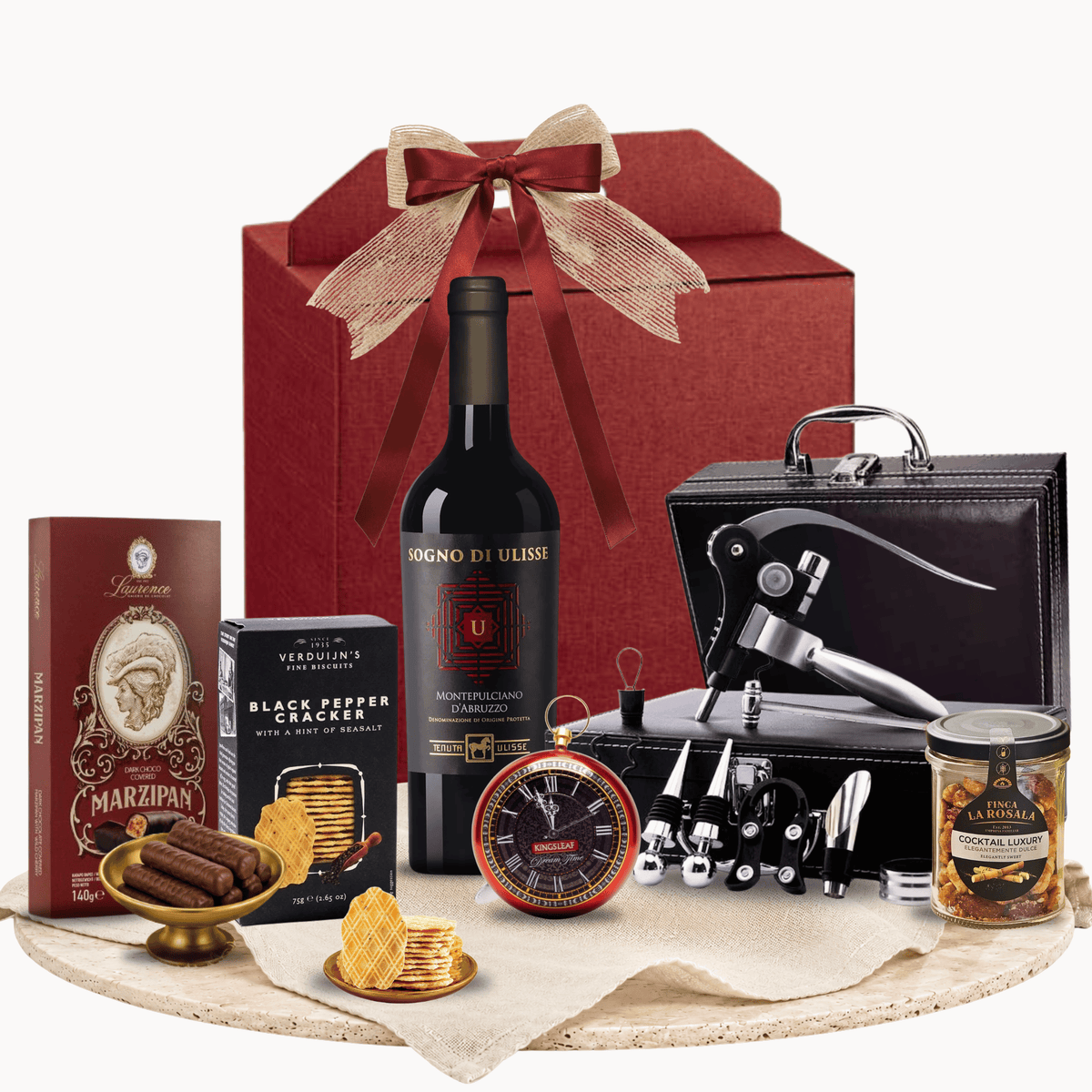 Cutie cadou Wine Done Right cu vin roșu Tenuta Ulisse Sogno și ceai Kingsleaf Clock Tea