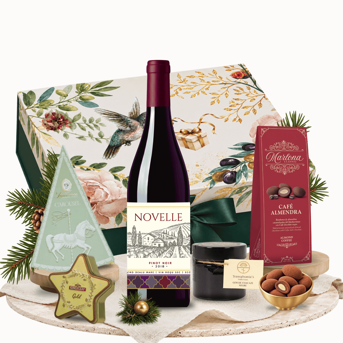 Cutie cadou Winter Charm cu vin roșu Novelle și ceai Kingsleaf Starlight Gold