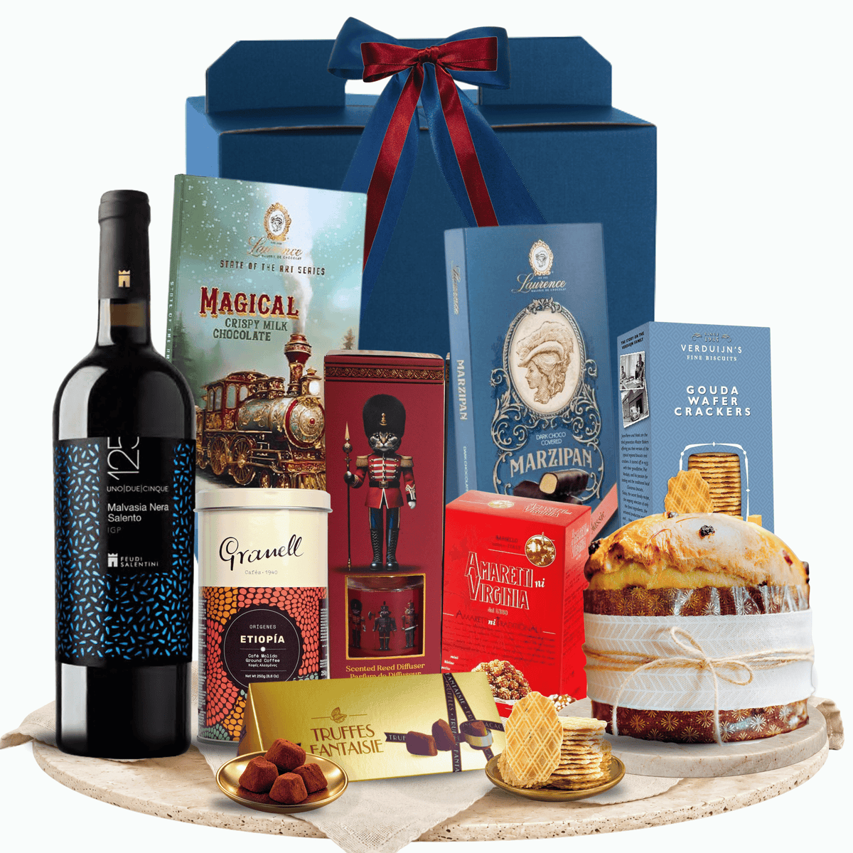 Cutie cadou Winter Prestige cu vin roșu Feudi Salentini Malvasia și cafea Cafés Granell Ethiopia