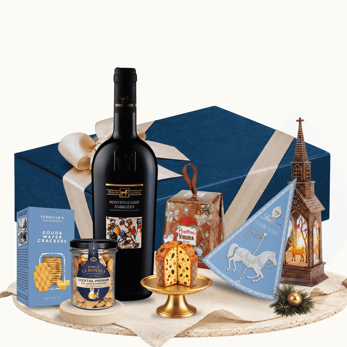 Cutie cadou Wrapped in Blue cu vin roșu Tenuta Ulisse și Laurence Choco-Pizza