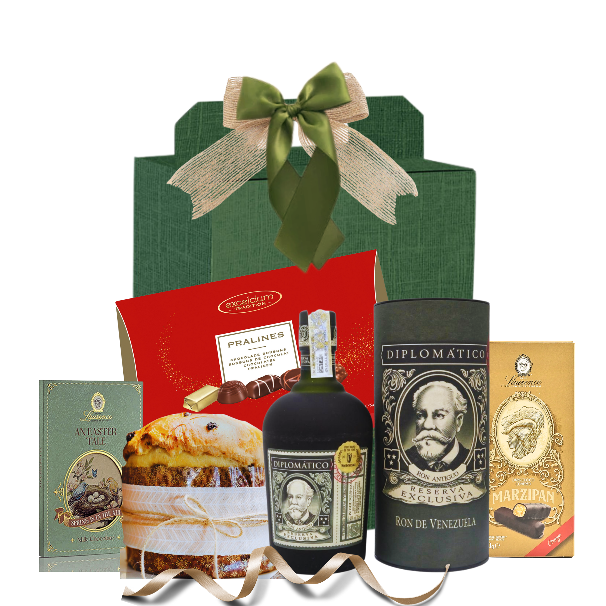 Coș A Diplomatic Choice cu Rom Diplomatico, ciocolată Laurence, praline Excelcium și panettone Kopernik în cutie premium