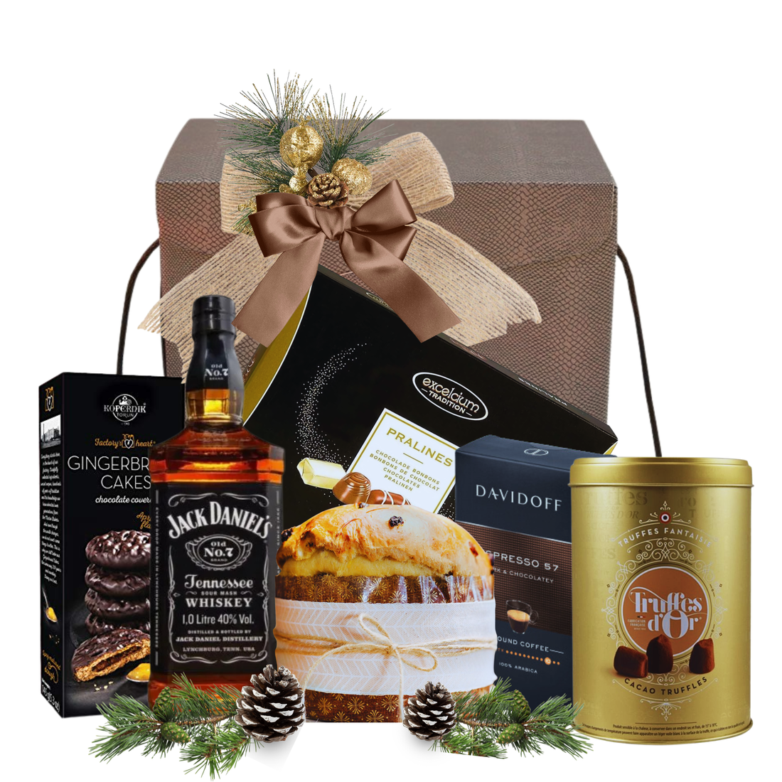 Set A Journey of Taste cu Whisky Jack Daniels, cafea Davidoff, praline Excelcium și panettone în cutie premium