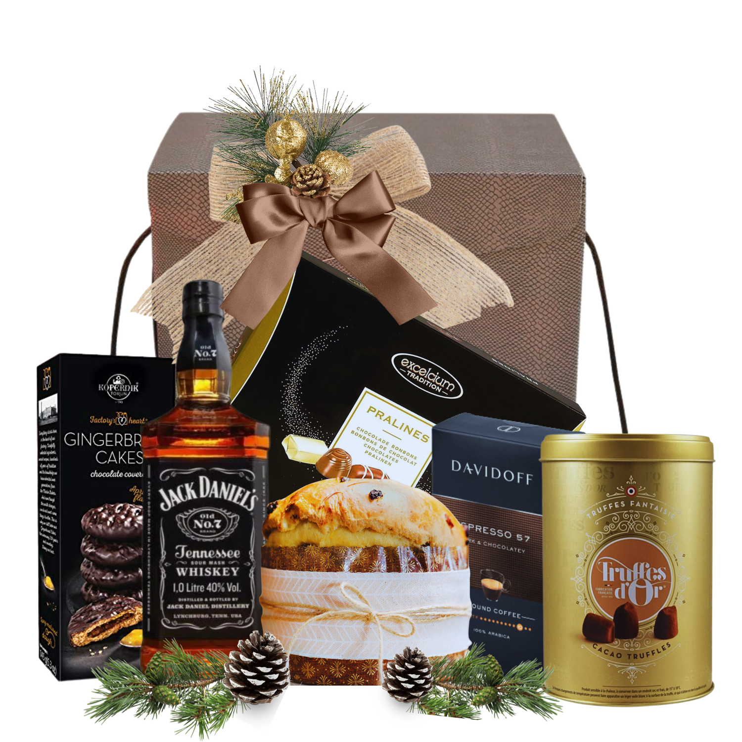 Set A Journey of Taste cu Whisky Jack Daniels, cafea Davidoff, praline Excelcium și panettone în cutie premium
