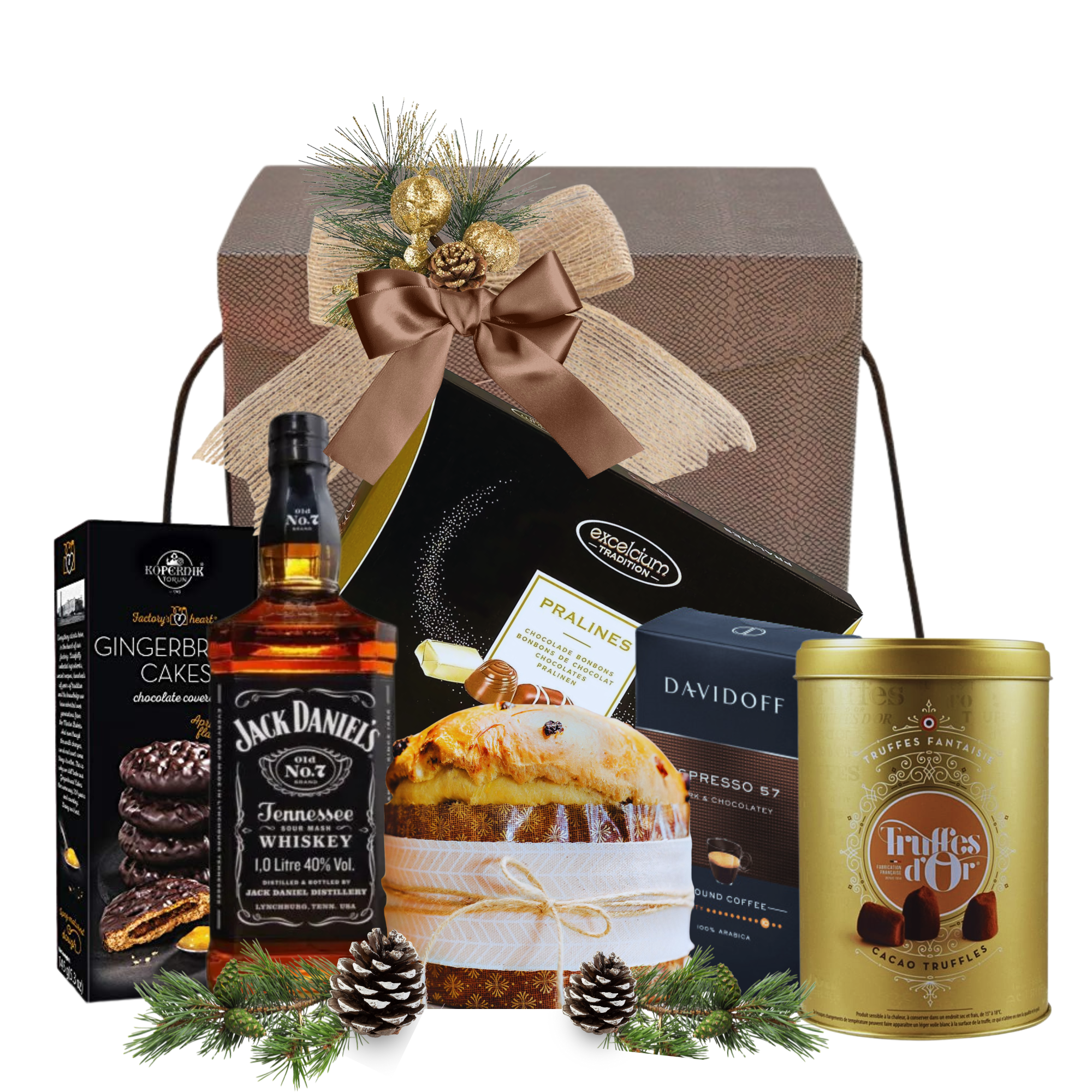 Set A Journey of Taste cu Whisky Jack Daniels, cafea Davidoff, praline Excelcium și panettone în cutie premium