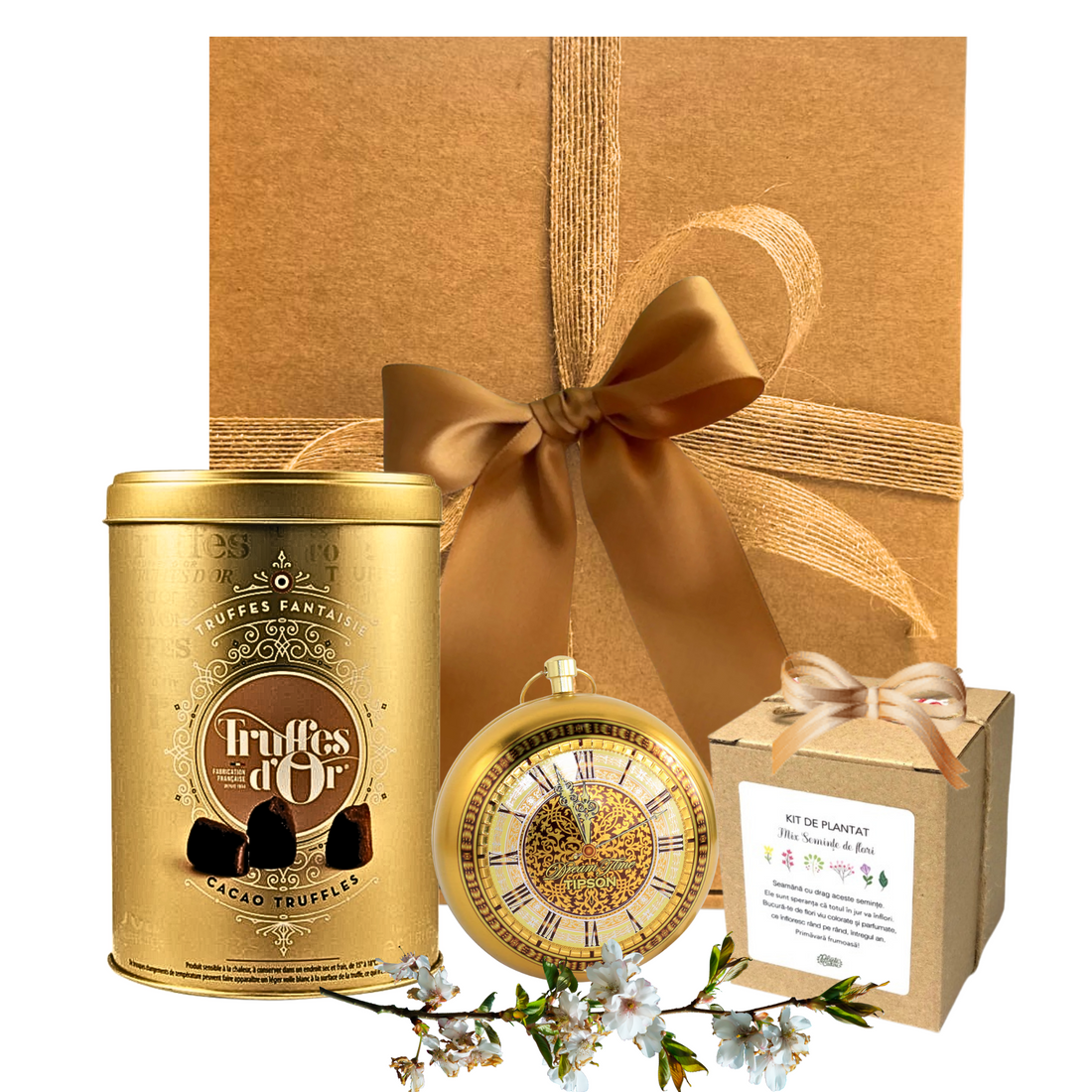Coș Bloom O’Clock cu trufe, ceai regal și kit de plantat flori, ambalat premium

