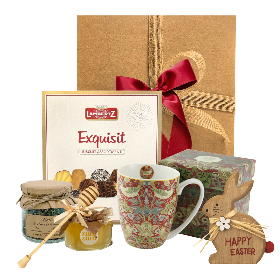 Coș Bunny’s Basket cu ceai montan, miere bio, biscuiți, cană porțelan și decor lemn „Happy Easter”