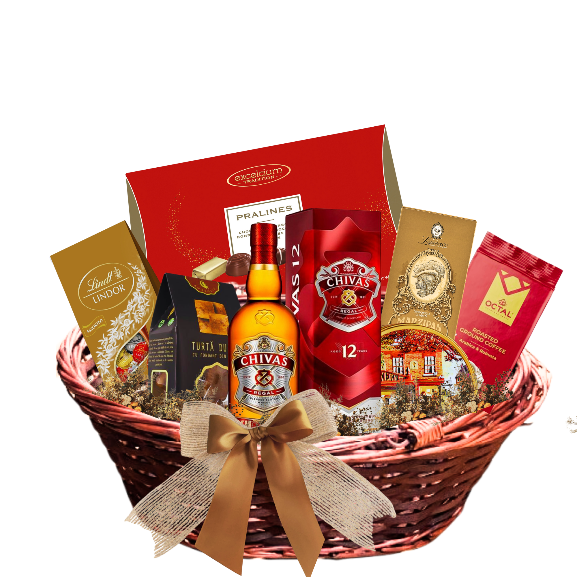 Coș Chivas in Red cu Chivas Regal 12 YO, cafea Octal, praline Excelcium și fursecuri Jacobsen în ambalaj premium
