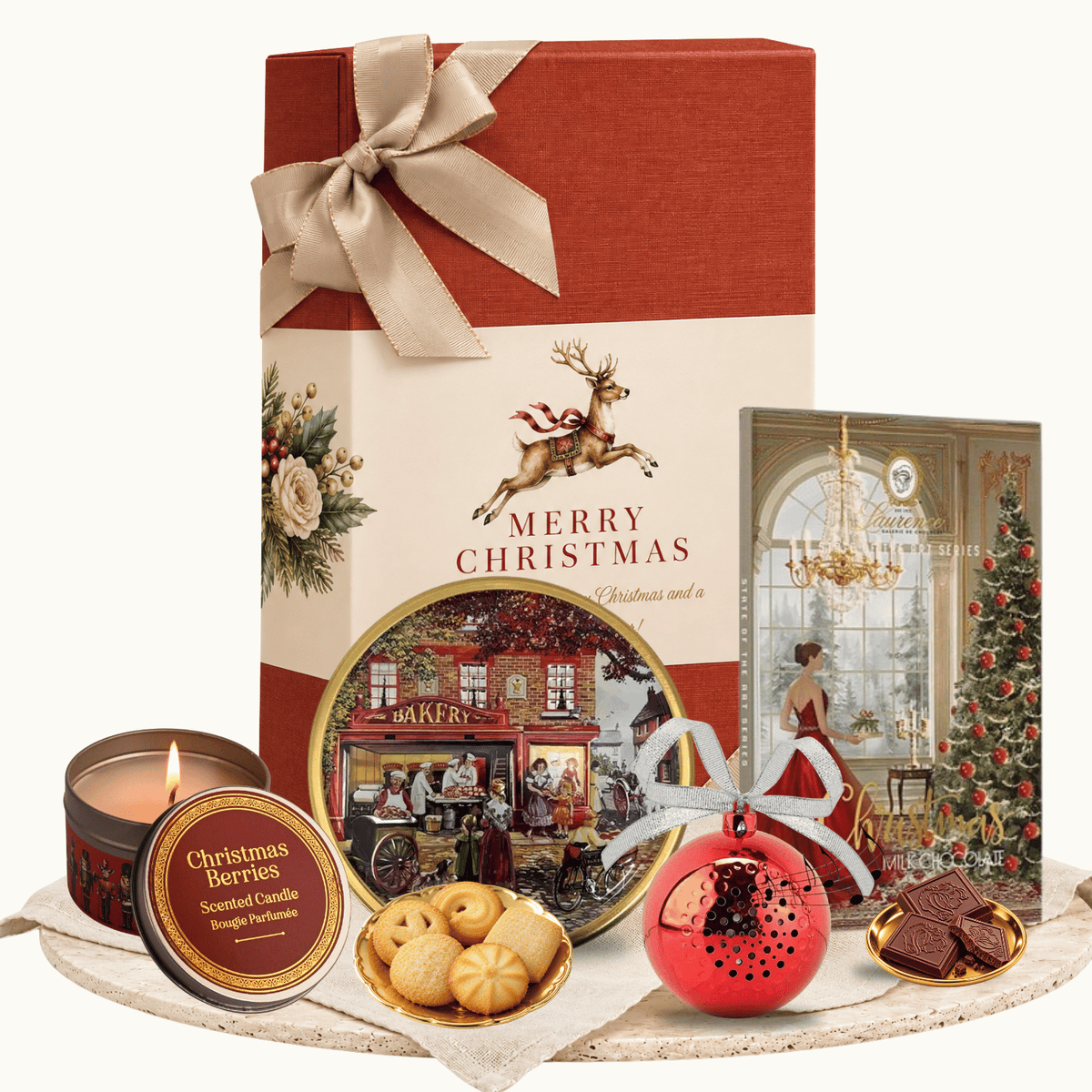 Cadou corporate de Crăciun A Christmas Tale cu ciocolată, lumânare, fursecuri și mini boxă Bluetooth