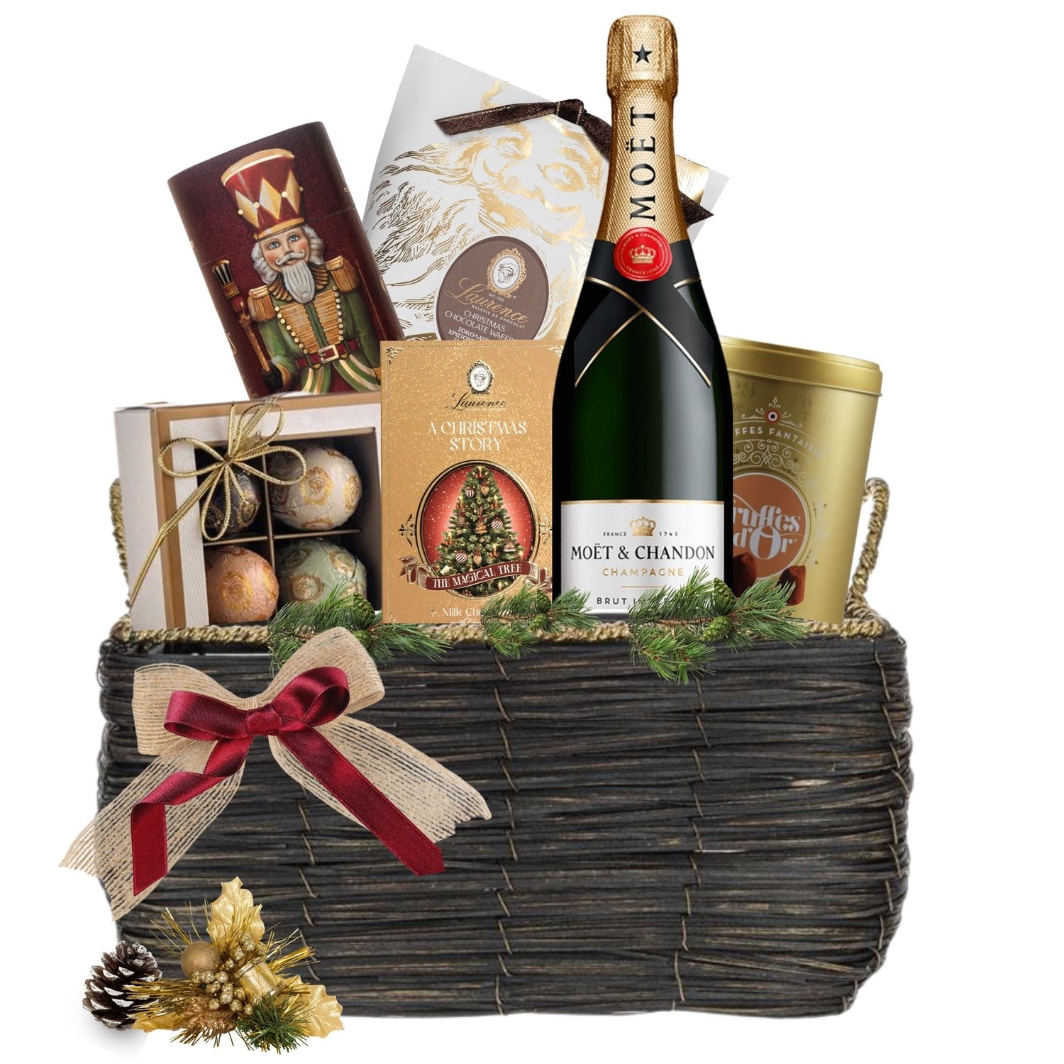 Coș Crăciun cu șampanie Moët &amp; Chandon și dulciuri festive

