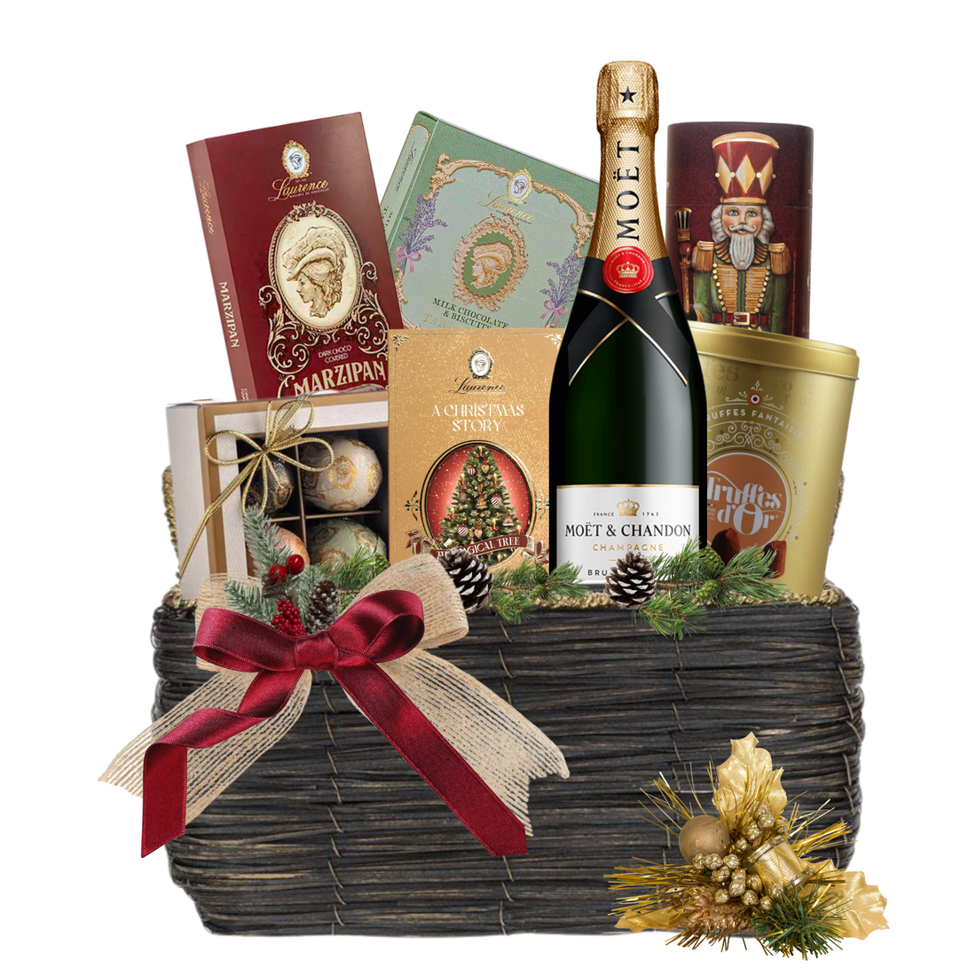 Coș Crăciun cu șampanie Moët &amp; Chandon și dulciuri festive