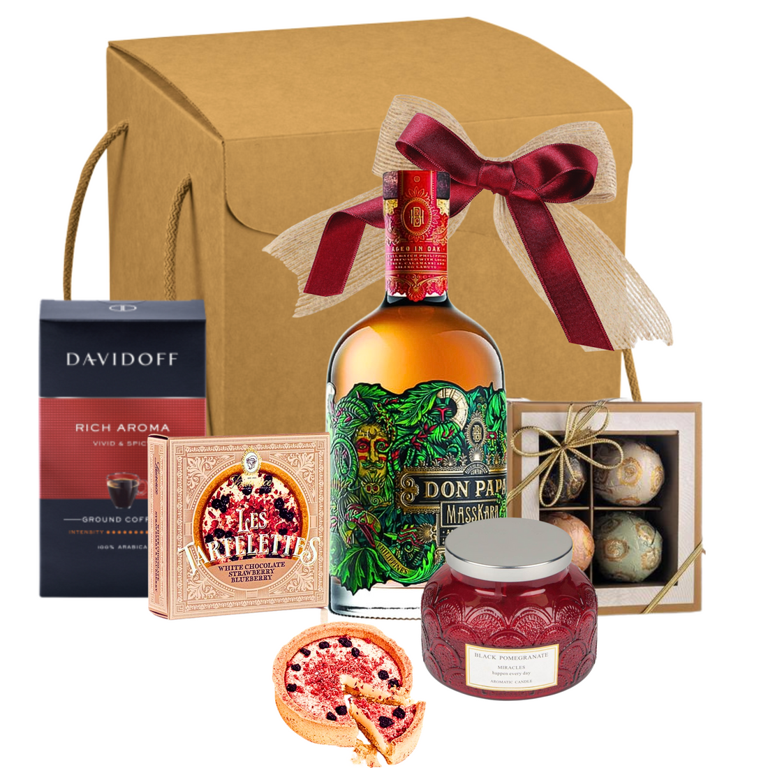 Set Cadou Don Papa Royal cu rom Añejo, praline Laurence și cafea Davidoff în cutie premium
