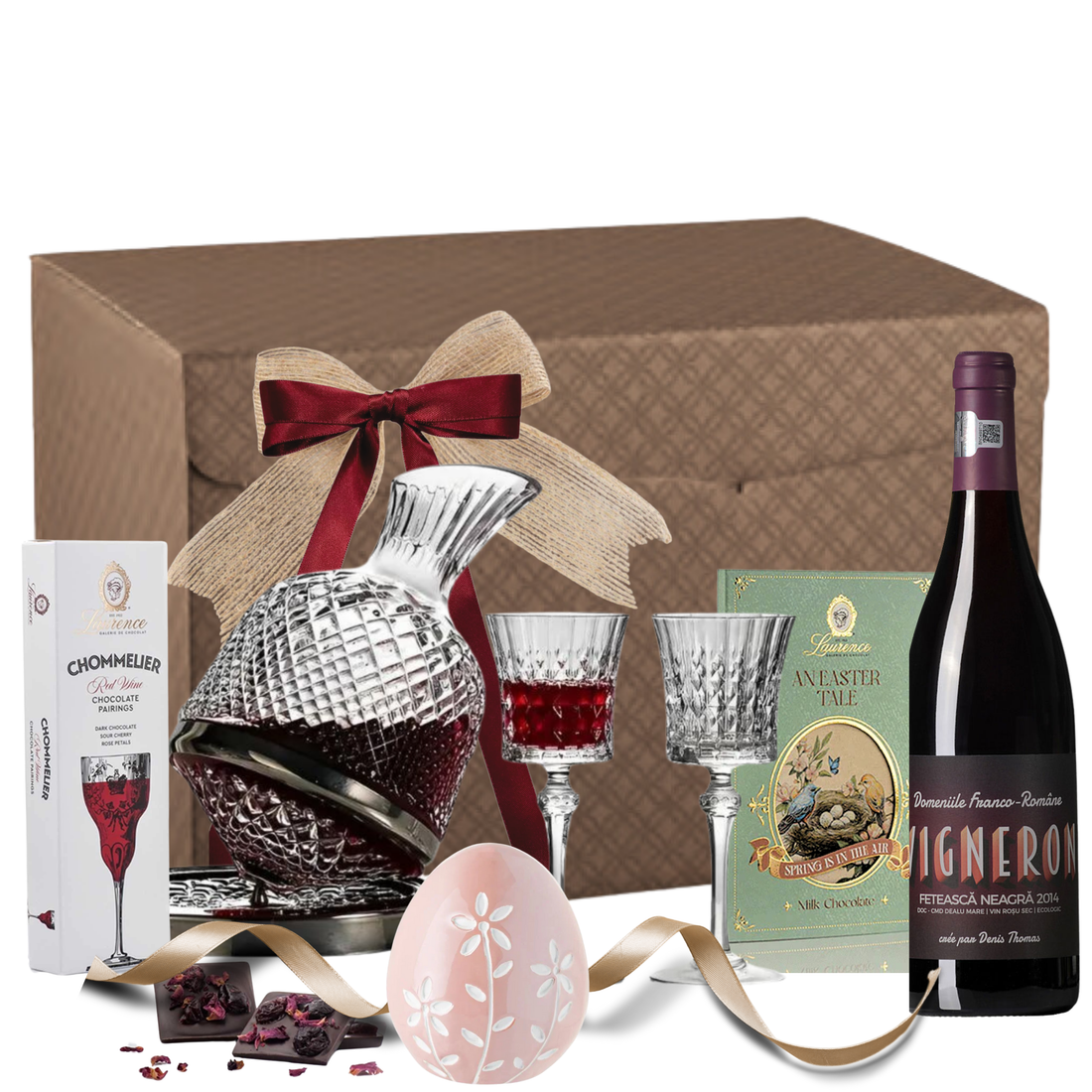 Cadou Egg-cellent Taste of Easter cu vin, decantor rotativ, ciocolată gourmet și ou din porțelan, ambalaj pastel