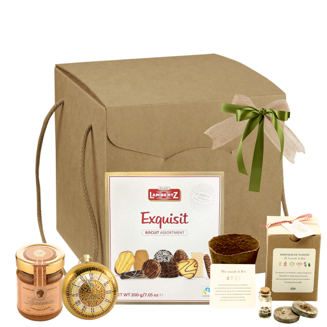 Coș Time for Spring cu cremă de caramel, biscuiți, ceai negru și kit de flori în cutie pastel

