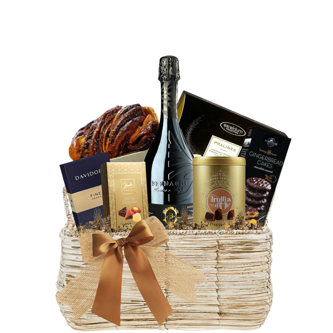 Coș Festive Hamper cu Bernardi Prosecco, cafea Davidoff, praline Excelcium și cozonac artizanal în ambalaj premium
