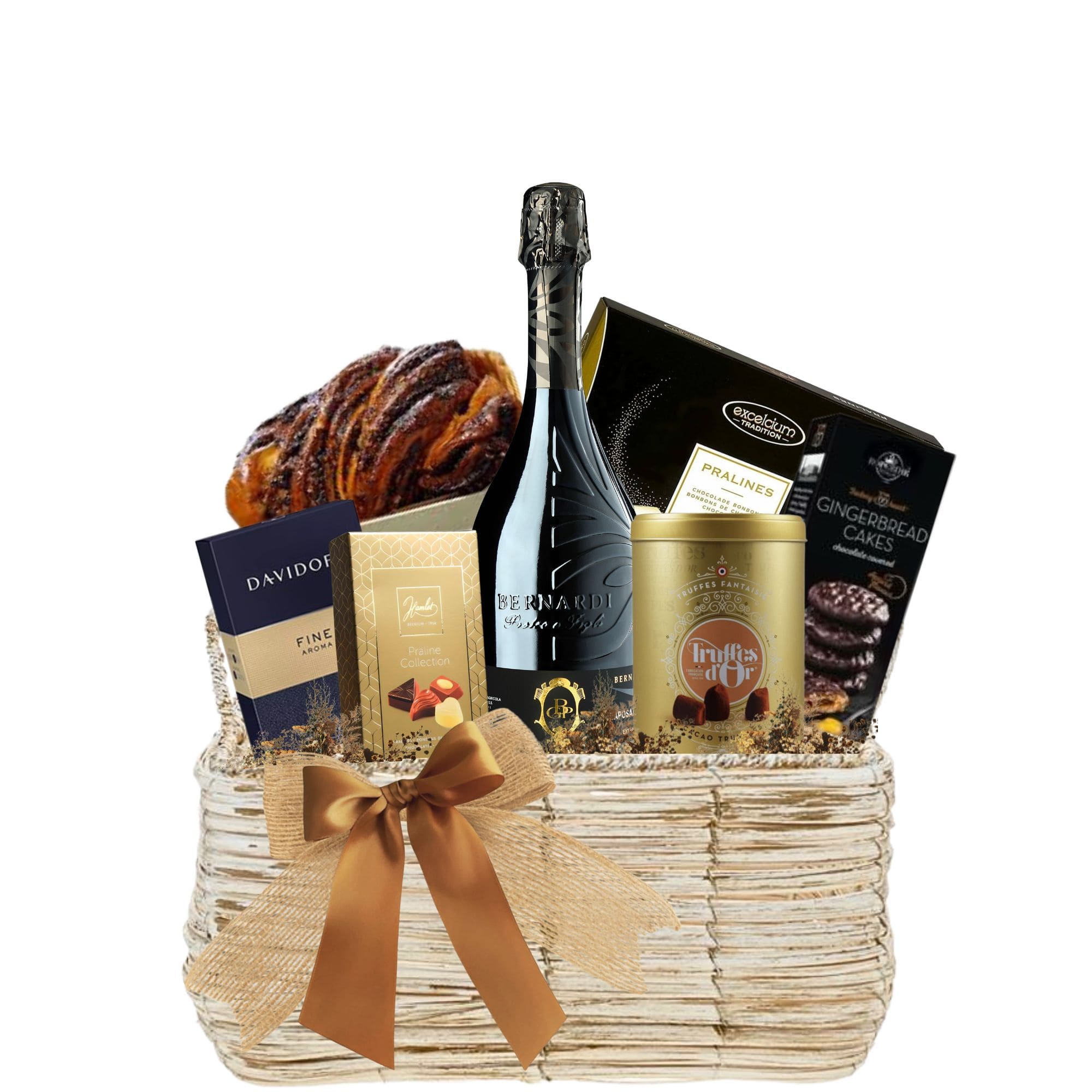 Coș Festive Hamper cu Bernardi Prosecco, cafea Davidoff, praline Excelcium și cozonac artizanal în ambalaj premium
