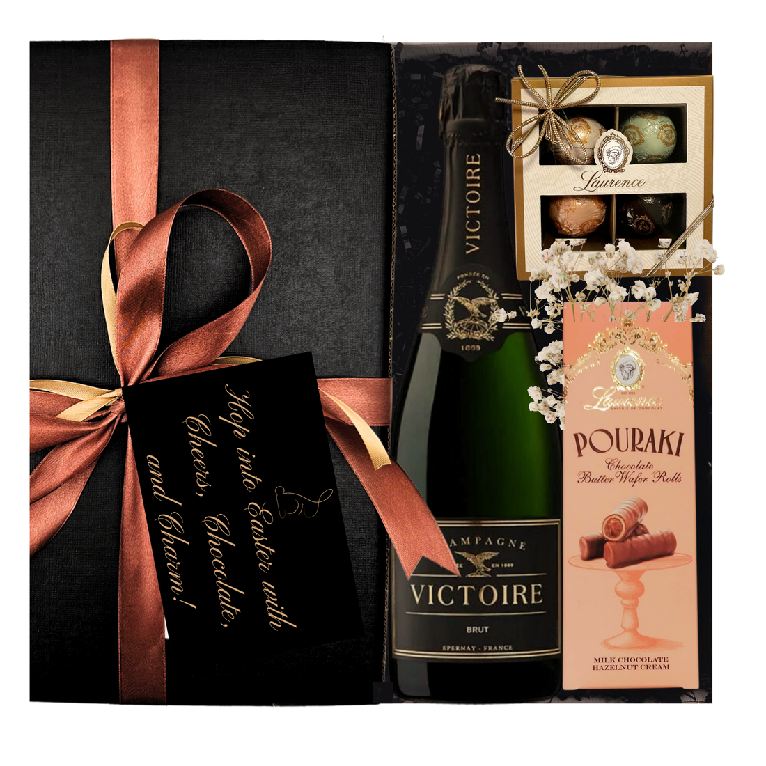 Gift of Sofistication cu șampanie Martel Victoire, praline Laurence și cremă Laurence în cutie premium
