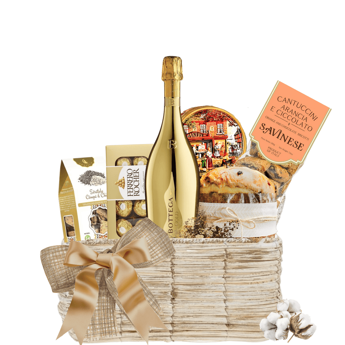 Coș Golden Celebration cu Prosecco Bottega Gold, cafea Octal și dulciuri fine în ambalaj premium